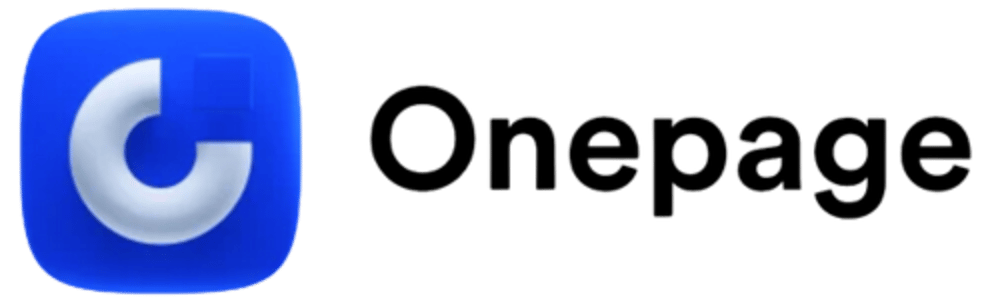 Blaues Quadrat mit weißem "C"-Logo und dem schwarzen Text "Onepage".