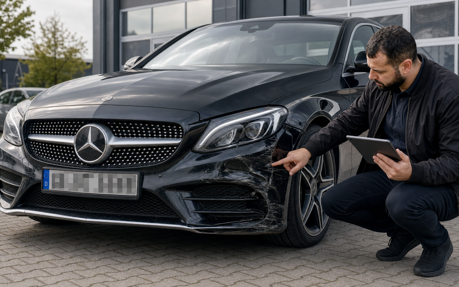 Schadenaufnahme an einem hochwertigen Pkw vor einem Autohaus