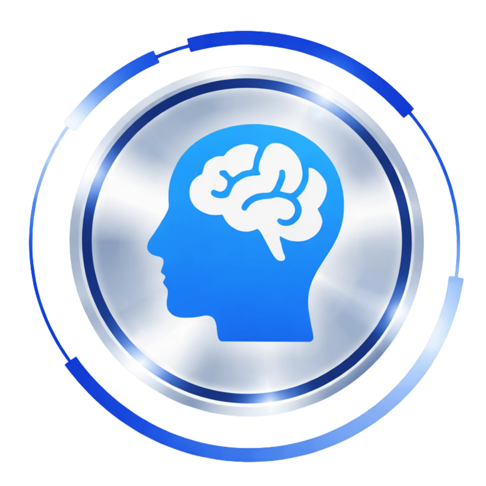 Blauer Kopf-Umriss mit weißem Gehirn in einem silbernen Kreis mit blauem Ring.
