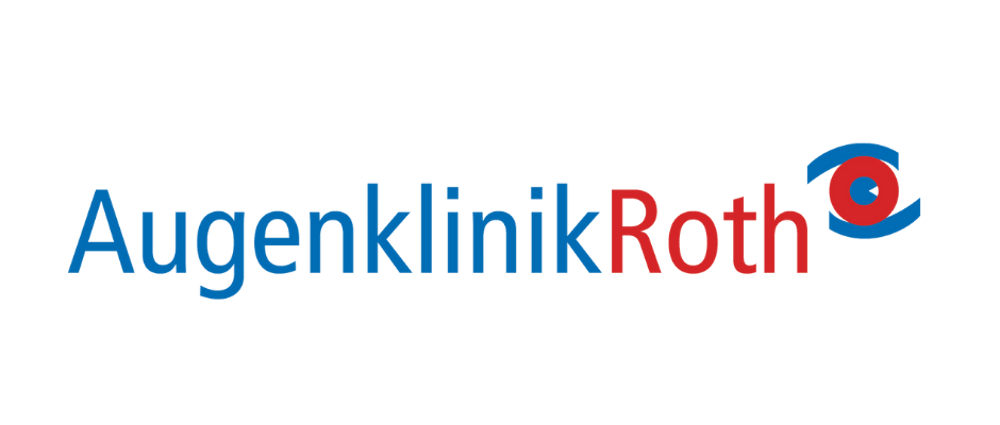 Augenklinik Roth Logo mit blauem Text "Augenklinik" und rotem Text "Roth" sowie einem blauen und roten Auge.