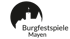 Black silhouette of a castle with towers inside a circle, with "Burgfestspiele Mayen" text.