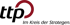 Schwarzes Logo "ttp" mit einem roten, offenen Kreis um das "p", darunter "Im Kreis der Strategen" in Schwarz.