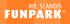 Text "MR. SCANDIS FUNPARK®" in Weiß auf orangefarbenem Hintergrund mit helleren und dunkleren Quadraten.