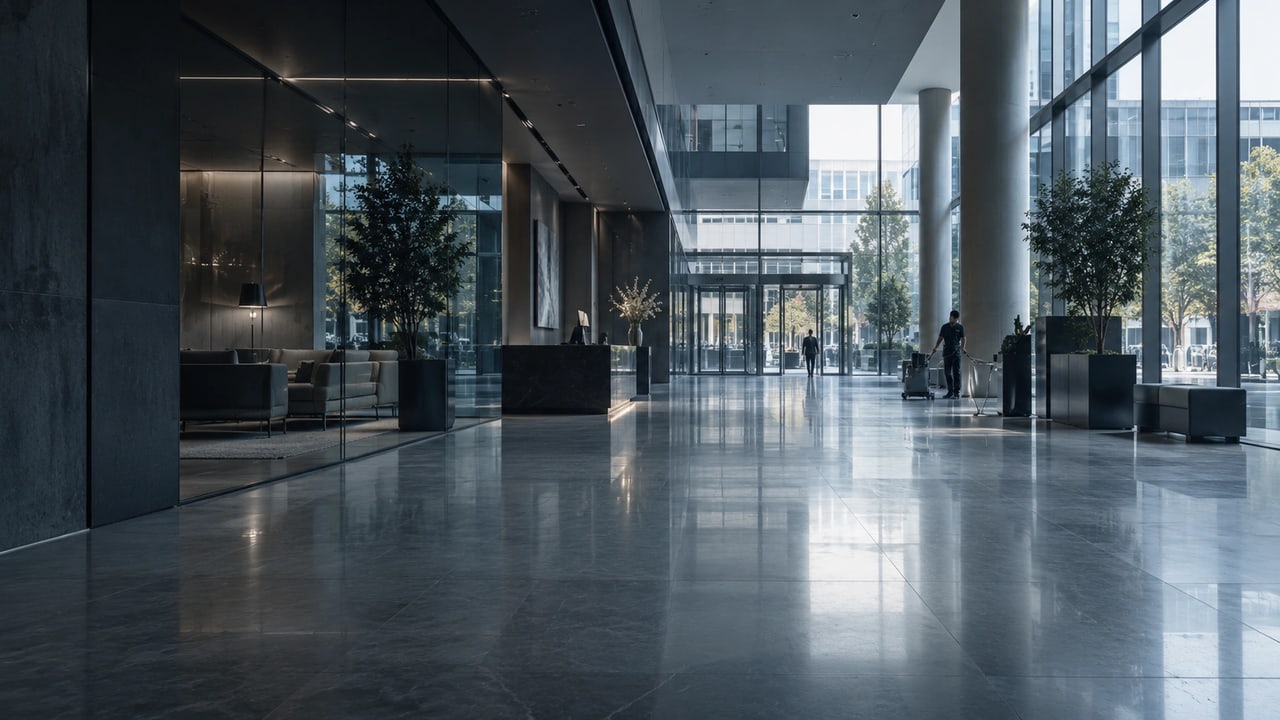 Reinigungskraft mit Reinigungswagen in einem Foyer