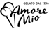 Schwarzes Logo "Amore Mio GELATO DAL 1996" mit Herz und Eistüten-Symbol.