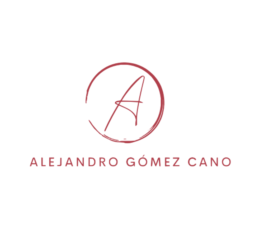 Red A in a circle above "ALEJANDRO GÓMEZ CANO" on a dark green background.