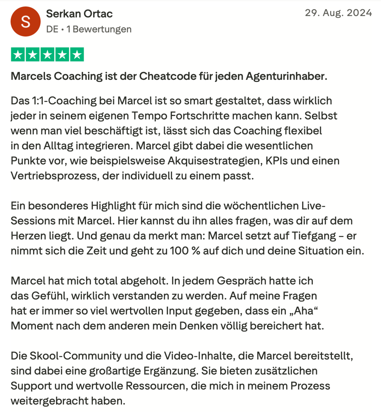 Trustpilot-Rezension von Serkan Ortac