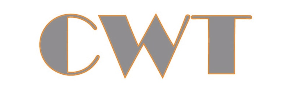 Grauer Schriftzug CWT mit orangefarbener Außenlinie auf weißem Hintergrund.