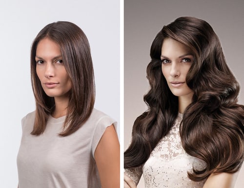 Frau mit glattem, braunem Haar vor und nach Haarverlängerung mit voluminösen, gewellten Locken.