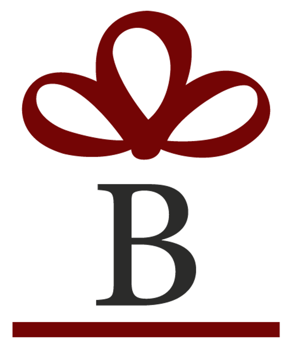 Dekoratives Logo mit roter Schleife über einem grauen "B" und einer roten Linie.