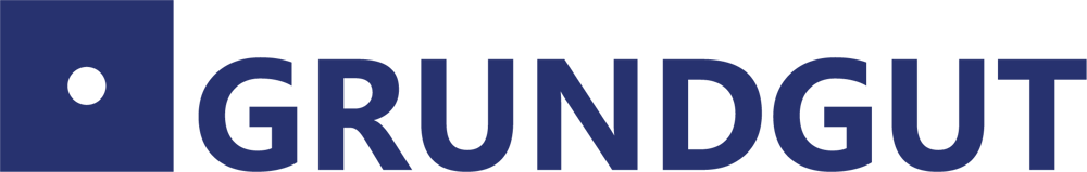 Dunkelblaues Logo mit einem Punkt in einem Quadrat links und dem Text GRUNDGUT in Großbuchstaben auf schwarzem Hintergrund.