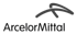 Graues ArcelorMittal-Logo mit dem Markennamen unter einer geschwungenen, abstrakten Bogenform auf schwarzem Hintergrund.
