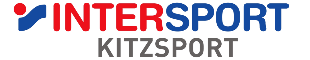 Intersport Kitzsport Logo mit rot-blauem Markenzeichen und grauem Schriftzug auf schwarzem Hintergrund.