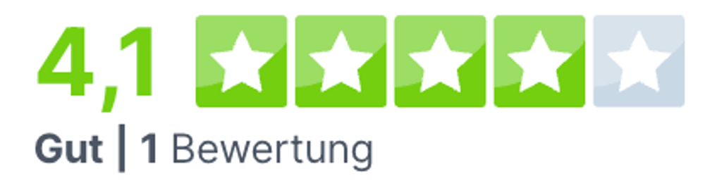4,1 Sterne Gut | 1 Bewertung, mit vier grünen Sternen und einem hellgrauen Stern.