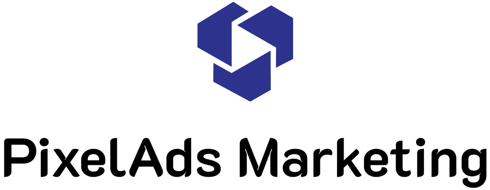 Logo mit blauem, würfelartigem Symbol und dem Text "PixelAds Marketing".