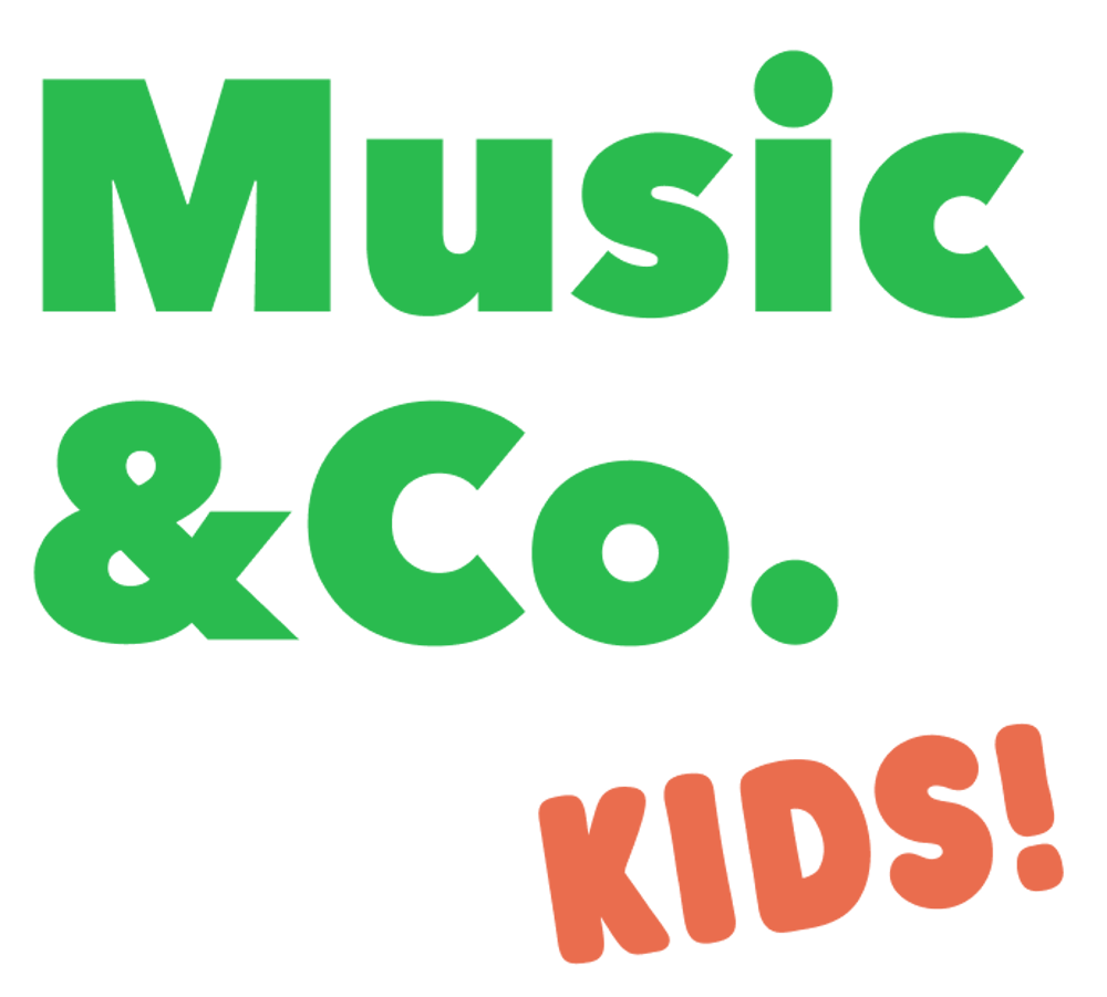 Green text "Music & Co." with coral "KIDS!" below it.
