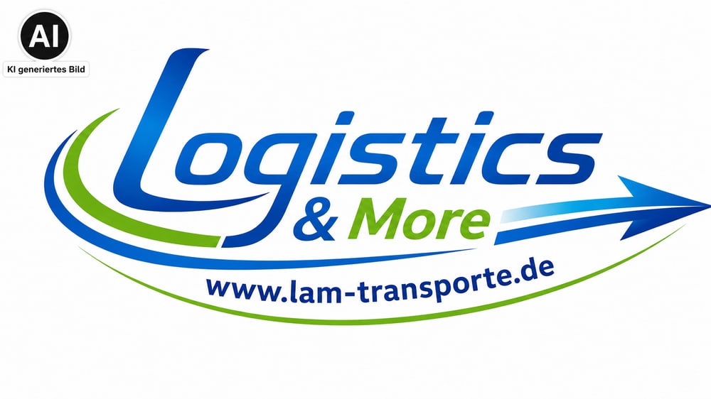 Logo von Logistics & More mit blauer Schrift, grünen und blauen Bögen sowie einer blauen Pfeilspitze.