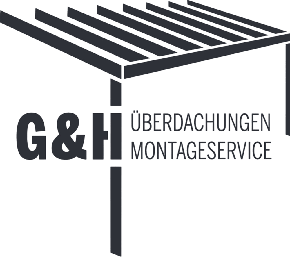 G&H Überdachungen Montageservice Logo mit einer stilisierten Überdachung in Dunkelgrau auf dunklem Hintergrund.