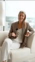 Eine Frau mit blonden Haaren in braunem Blazer und wei ßer Hose sitzt auf einem Sofa und gestikuliert.