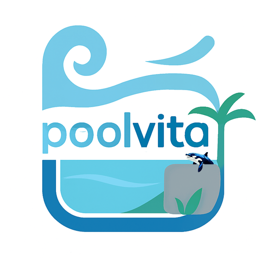 Das Logo zeigt das Wort „poolvita“ in Blau, umgeben von Wasserwellen, einer Palme und einem Orca, der auf einem grauen Felsen sitzt.