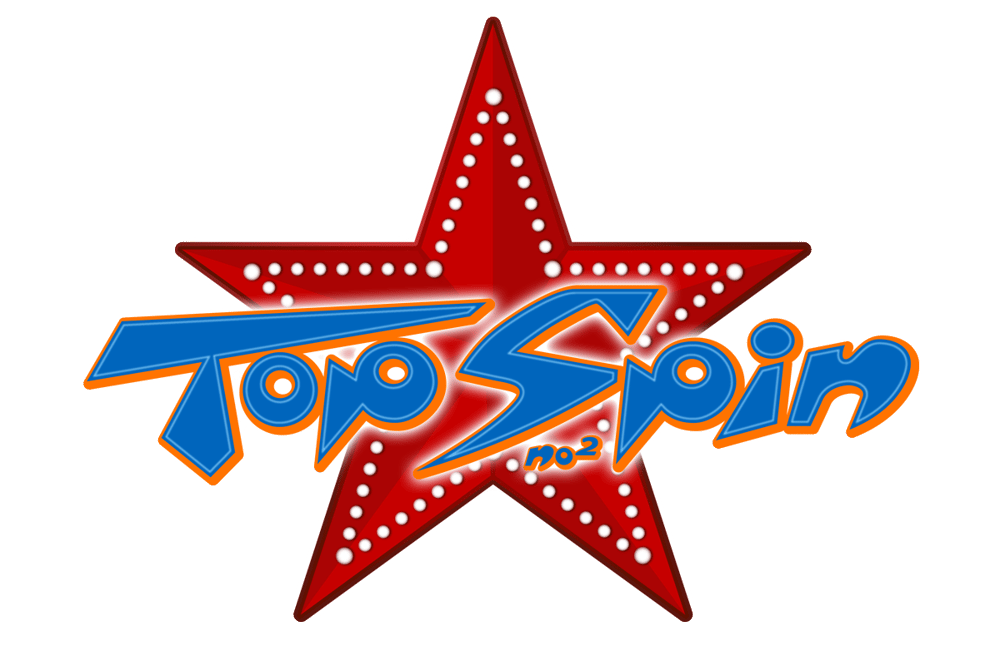Roter Stern mit weißen Punkten und blauem Schriftzug "Top Spin 2" in orangem Rahmen.