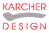 Roter Text "KARCHER DESIGN" mit einem grauen, geschwungenen Griff dazwischen auf grünem Hintergrund.