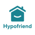 Hypofriend Logo mit einem lächelnden Haussymbol in Petrol auf schwarzem Hintergrund.