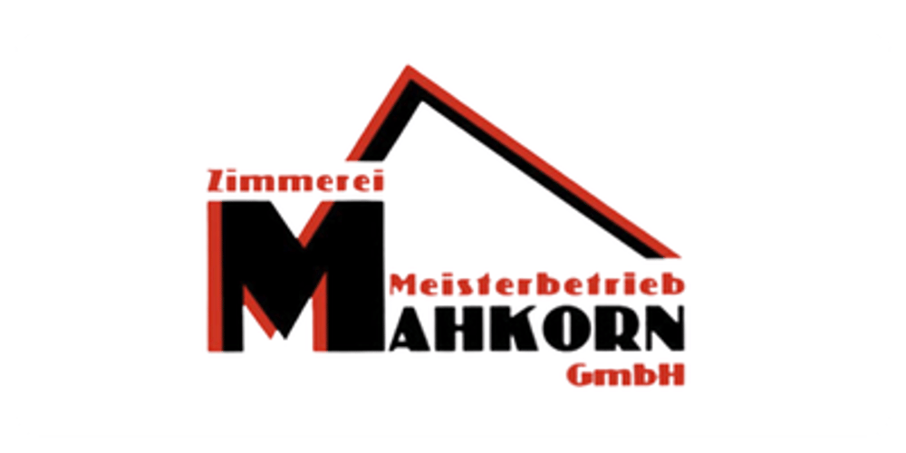 Logo Zimmerei Mahkorn GmbH mit rotem Dachsymbol und schwarzem "M".