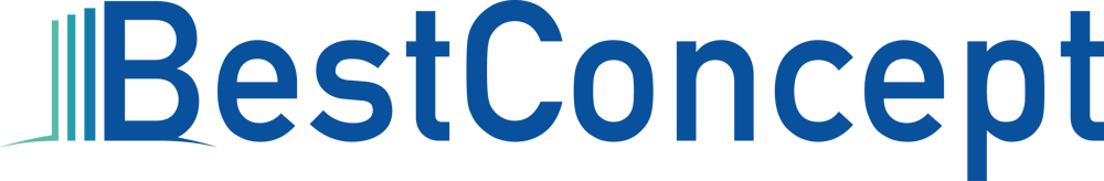Logo mit blauem Text "BestConcept" und blauen vertikalen Streifen links.