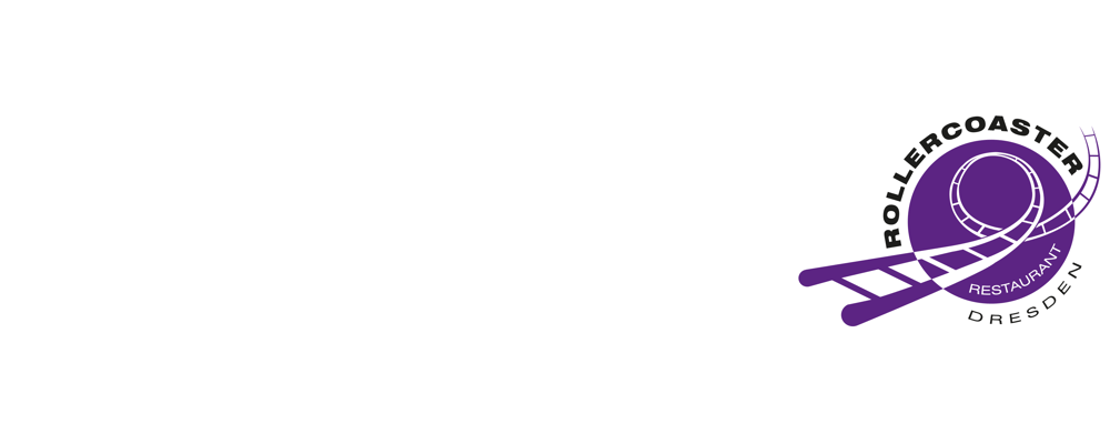 Schwerelos: Das Achterbahnrestaurant Logo mit lila Achterbahn-Grafik, Text "Rollercoaster Restaurant Dresden".