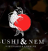 Logo mit weißem Koi-Karpfen, der einen roten Kreis umschließt, und dem Text "SUSHI & NEM VIETNAMESE CUISINE".