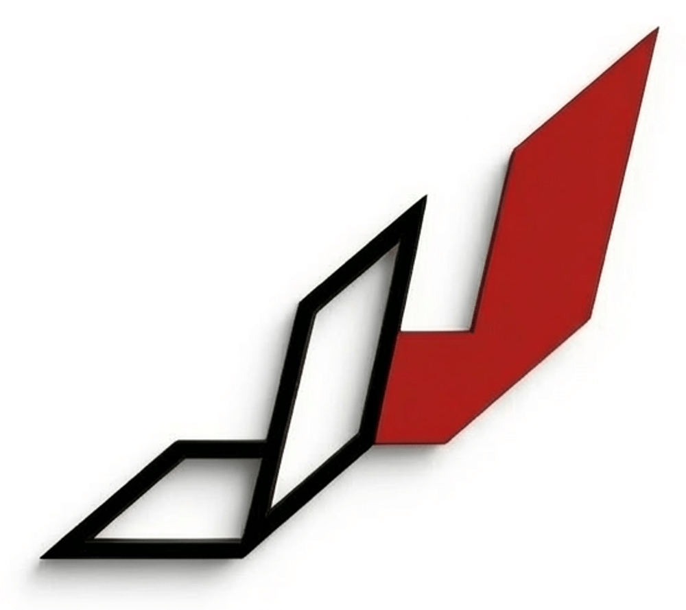 Stilisiertes rotes und schwarzes Logo mit scharfen, eckigen Formen, die an Buchstaben erinnern.