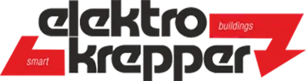 Schwarzes Logo "elektro krepper" mit rotem Blitz, der "smart" und "buildings" enthält.