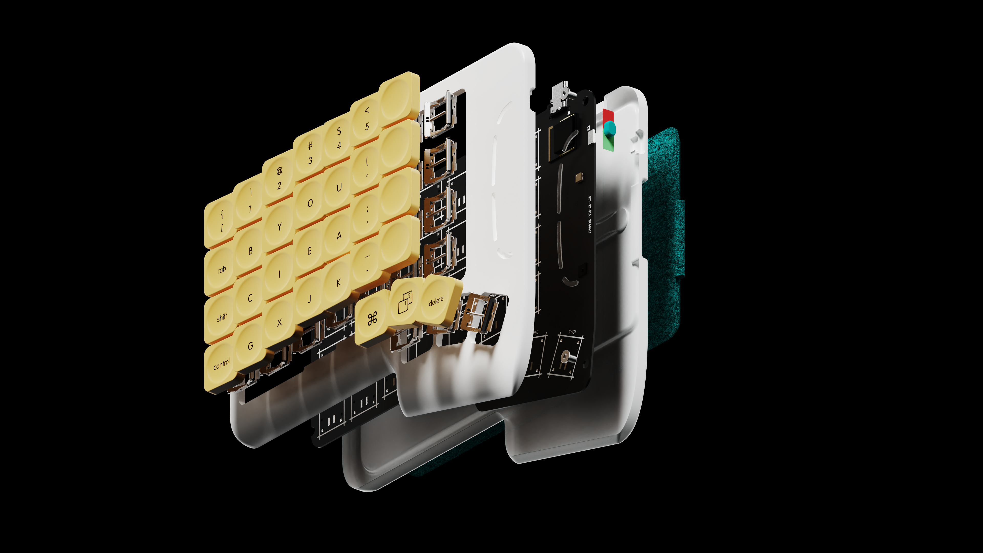 Exploded view render of a split keyboard displaying all mechanical and electronic components.