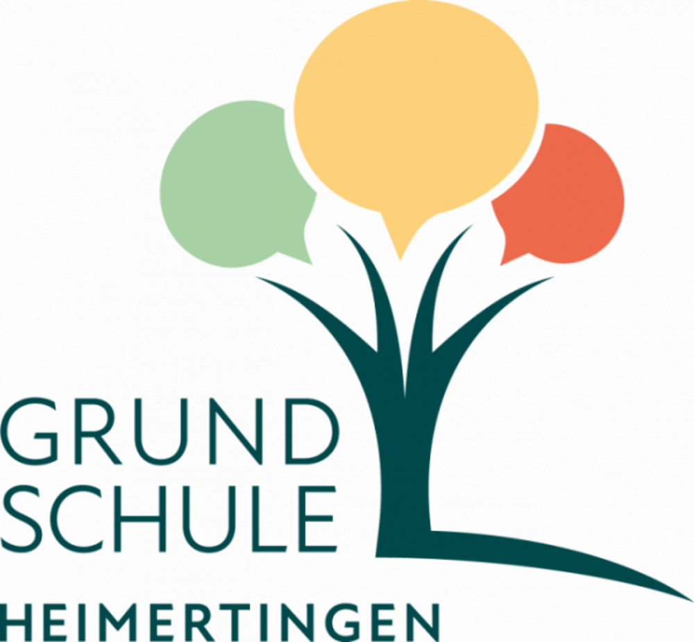 Logo Grundschule Heimertingen: Baum mit drei Sprechblasen in Gelb, Grün, Rot als Blätter, Text links.