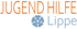 Text "JUGEND HILFE Lippe" in Orange und Hellblau mit einer blauen Rose als Logo.