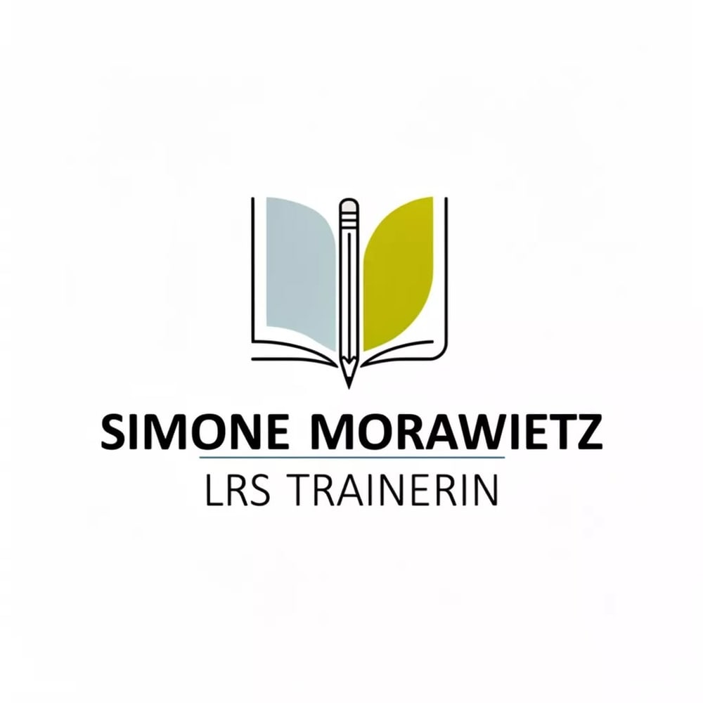 Logo von Simone Morawietz, LRS Trainerin: offenes Buch mit Bleistift und Blättern.