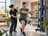 Ein Mann trainiert am Seilzug im Fitnessstudio, während ihn eine Trainerin korrigierend an der Hüfte unterstützt.