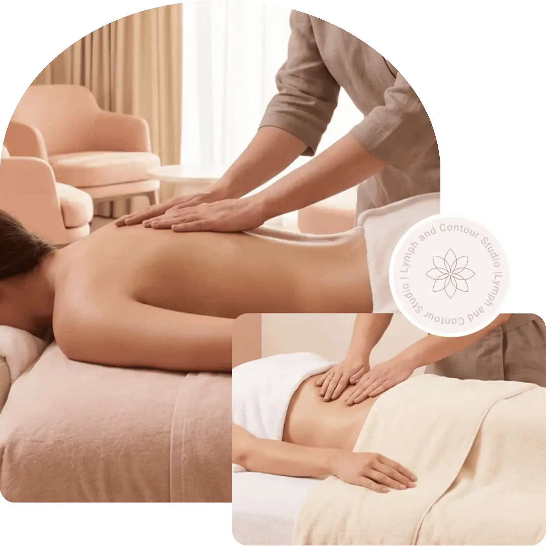 A therapist performs back and abdominal manual lymphatic drainage massage at Lymph and Contour Studio