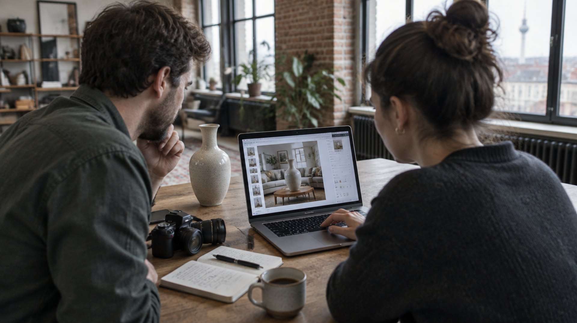 Shop-Inhaber und Shopify Freelancerin in einem Berliner Loft am Laptop, auf dem Bildschirm eine Produktseite mit einem KI-generierten Produktbild, daneben das echte Produkt auf dem Tisch