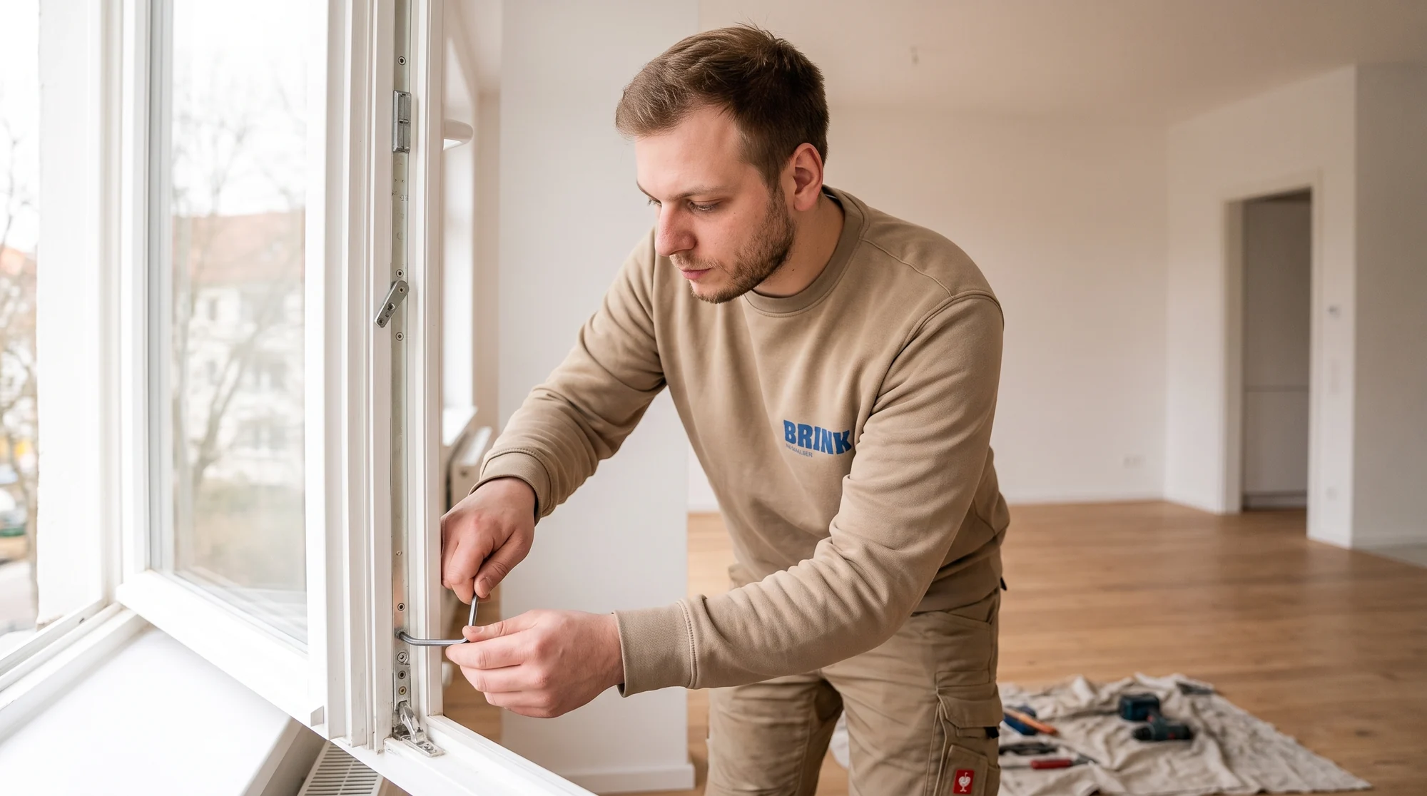 Tischler von Brink stellt den Beschlag eines Fensterflügels neu ein