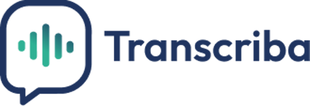 Logo mit Sprechblase, grünem Audio-Wellenform-Symbol und dem Text "Transcriba".