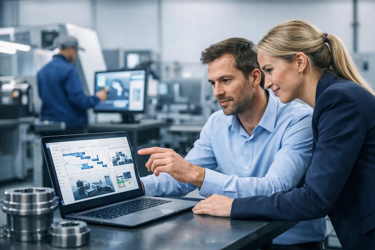 Zwei Ingenieure betrachten in einer modernen Fertigungshalle Daten auf einem Laptop neben metallischen Bauteilen.