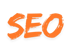 Orange, pinselstrichartige Buchstaben bilden das Wort "SEO" auf grünem Hintergrund.