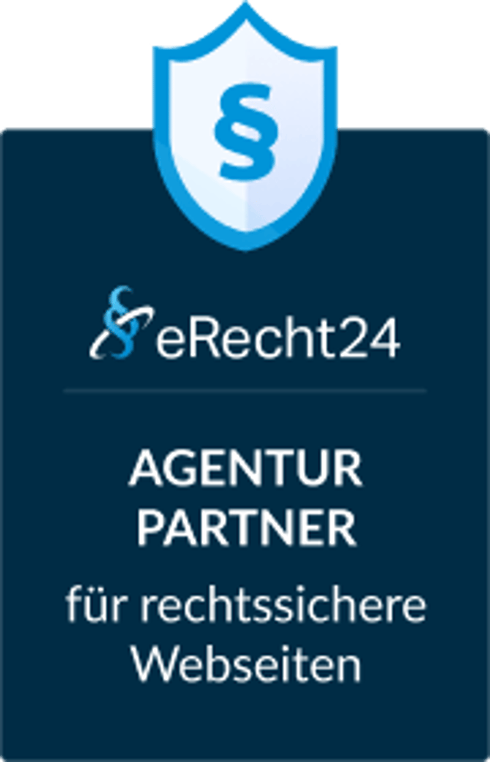 Blaues Schild mit §-Zeichen und Text "eRecht24 AGENTUR PARTNER für rechtssichere Webseiten".
