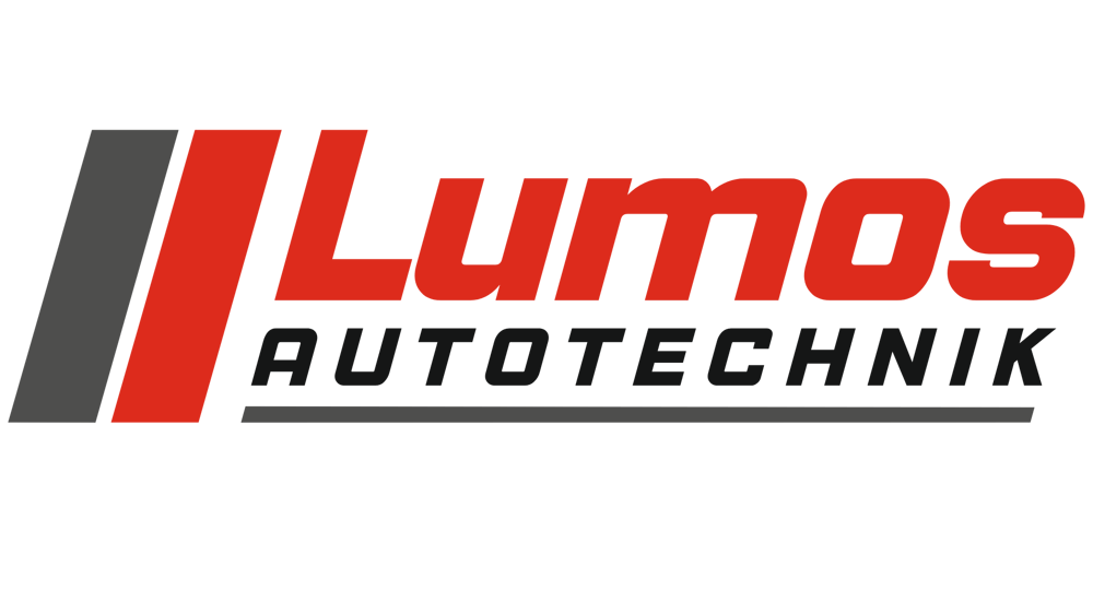 Lumos Autotechnik Logo mit rotem Schriftzug „Lumos“ und grauen Streifen.