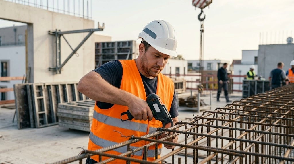 Mitarbeiter bei der Bewehrungsarbeit auf einer Rohbau-Baustelle.