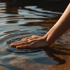Hand berührt Wasseroberfläche, die leichte Wellen schlägt.