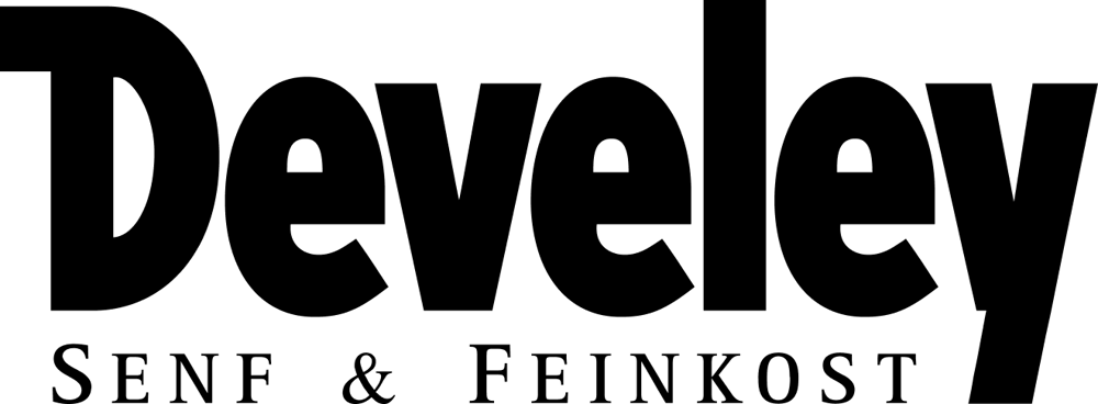 Schwarzer Devely-Schriftzug auf grünem Hintergrund, darunter "SENF & FEINKOST" in kleineren schwarzen Großbuchstaben.