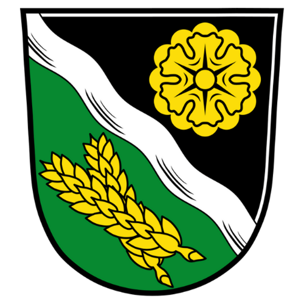 Wappen mit goldenem Weizen, goldener Rose und silbernem Wellenband auf grünem und schwarzem Grund.